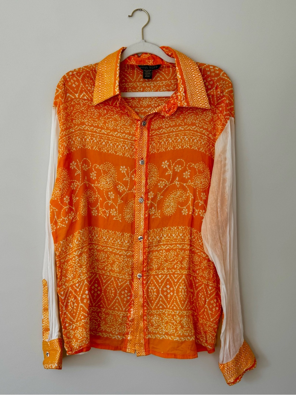 Paul Ropp Batik Block Print 100% Cotton Button Down Top, Orange / White – Size 4